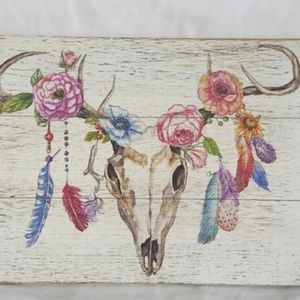 Vtg Southwestern Skull in Pastel Colors on Wood-Art Farmhouse Country Wall Home